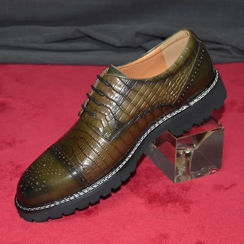Luxury Men\'s Derby Dress Shoes Elegant Crocodile Print EVA Comfortable Sole Real Cow Leather Cap Toe Casual Oxford Sneakers