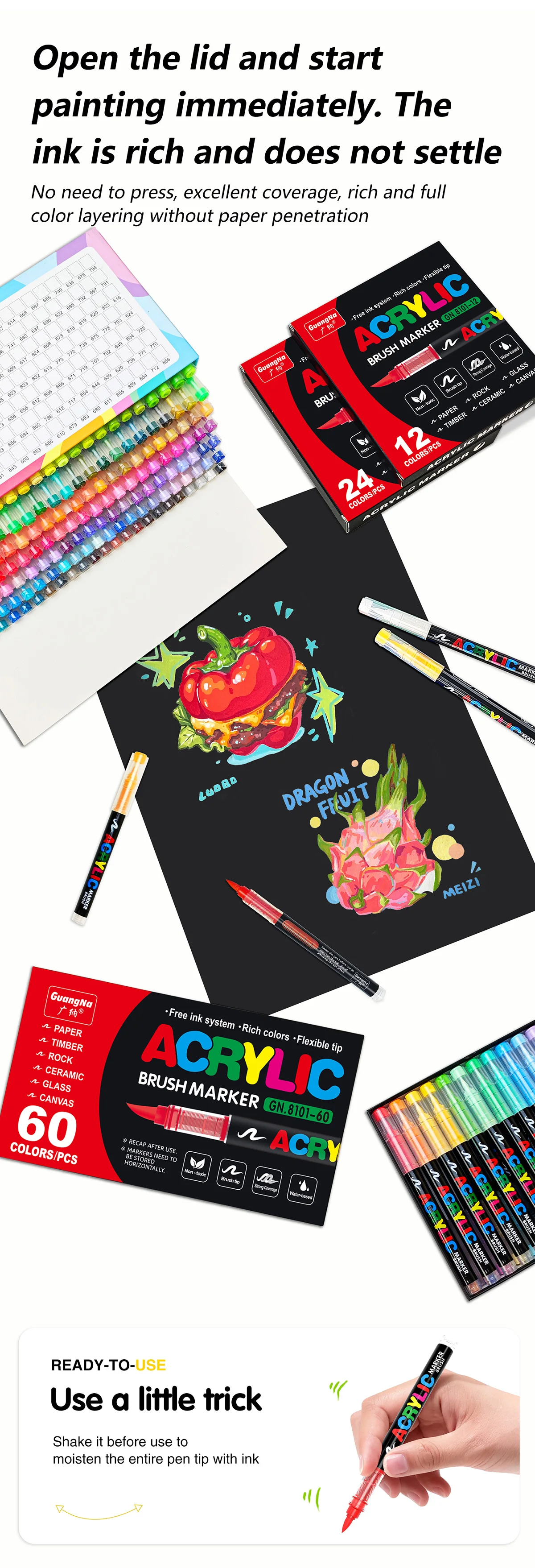 GN 366 Farben Acryl-Malstifte Marker mit Pinselspitze für Steinmalerei, Holz, Leinwand, Stein, Weihnachtsgeschenk, DIY-Bastelarbeiten – Detail 13