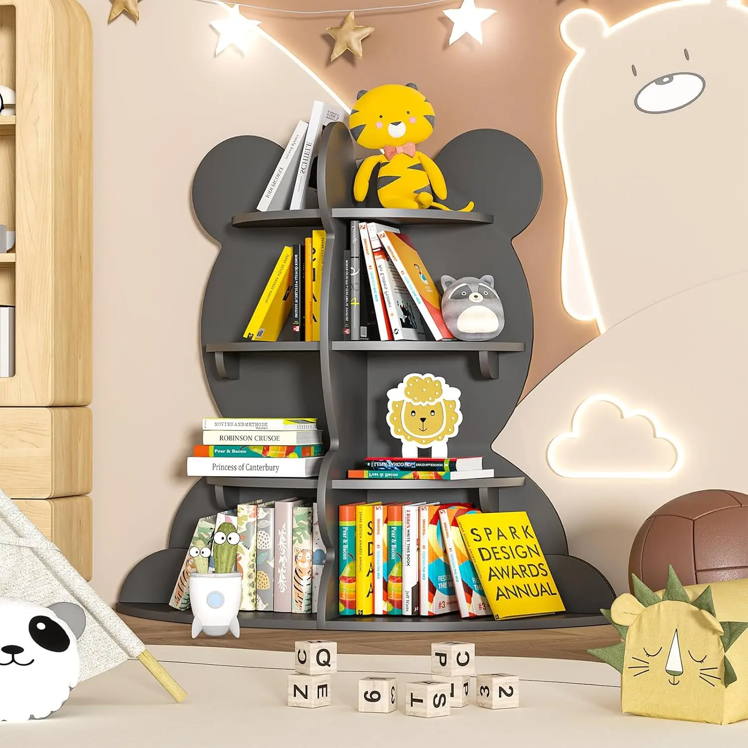 Kids Bookshelf Little Bear Toddler Book Rack 4-Tier Baby Child Bookcase Toy Organizer Book Storage Wood Display Stand Shelf for