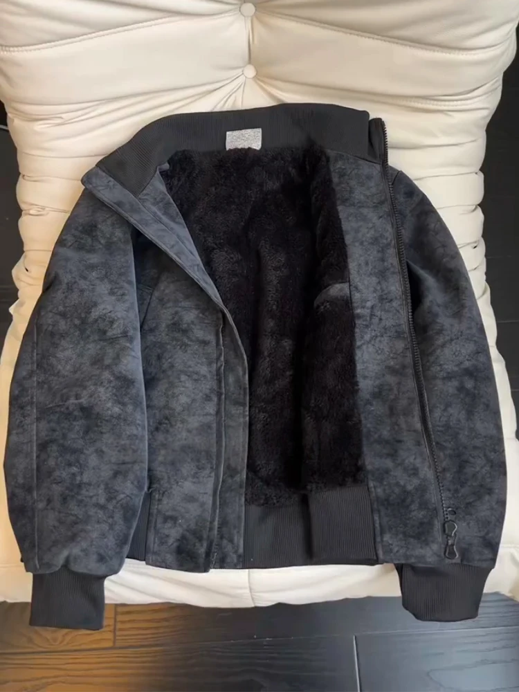 

American Sle Fce Lined Thiened PU Leather Jaet Matte Dyed Men's Winter Coat Motorcycle Sle Cotton Clothes Outerwear