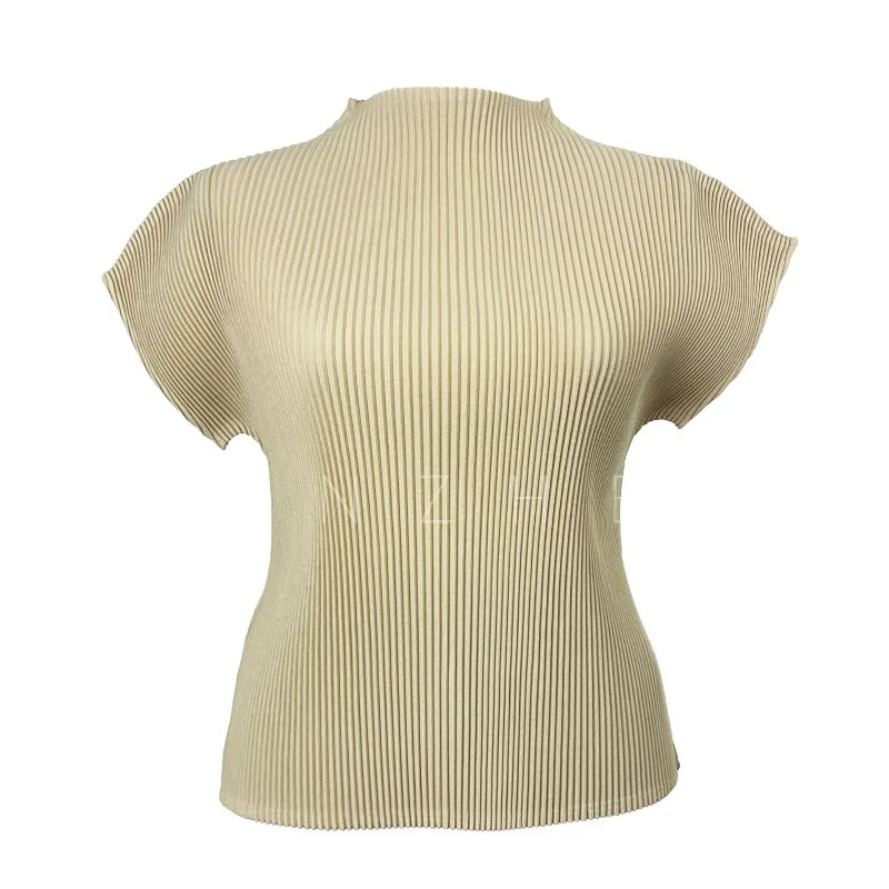 Pleated Short Sleeve T-Shirt Plisse Women 2027 Summer Slim Fit Thin Toothpick Small High Neck Solid Color Stretch Base Shirt Top