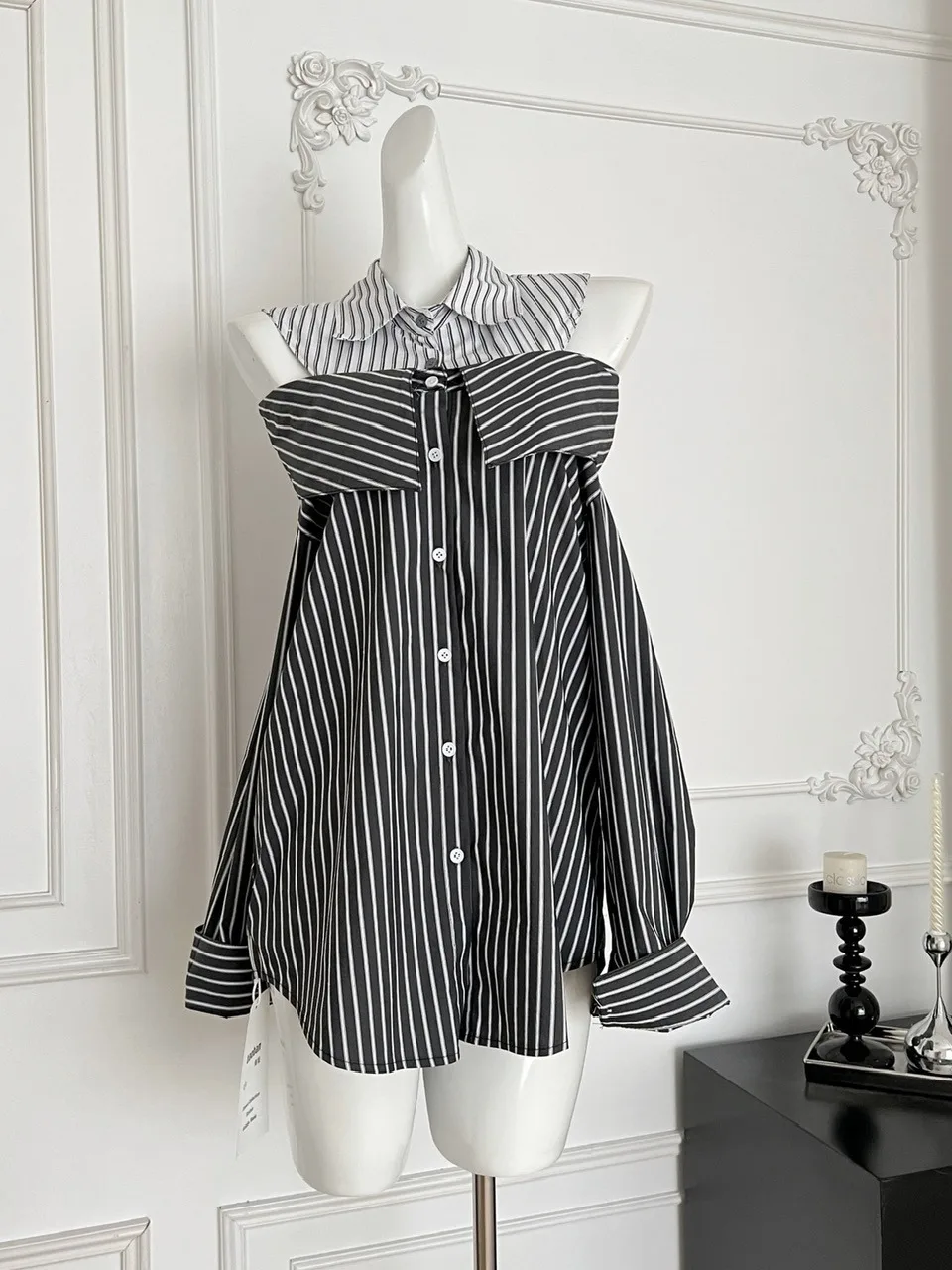 Casual Koreaanse Sle Loose Fit oulder Bared irt Dames verwijderbare patchwork verticale strepen Tweerichtingskleding Katoenmix