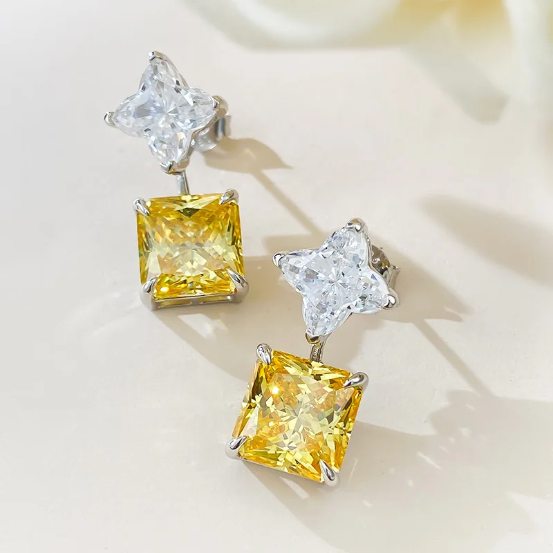 Fashionable 925 Silver Imported High Carbon Diamond Yellow Diamond 10 * 10 Square Geometric Inlaid Earrings Temperament Style