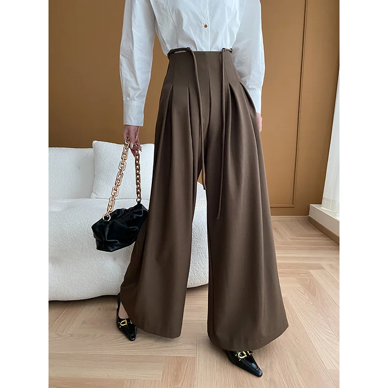 SuperAen Niche Designer Commuter High Waist Lace-up Drape Suit Wide-leg Pants for Women