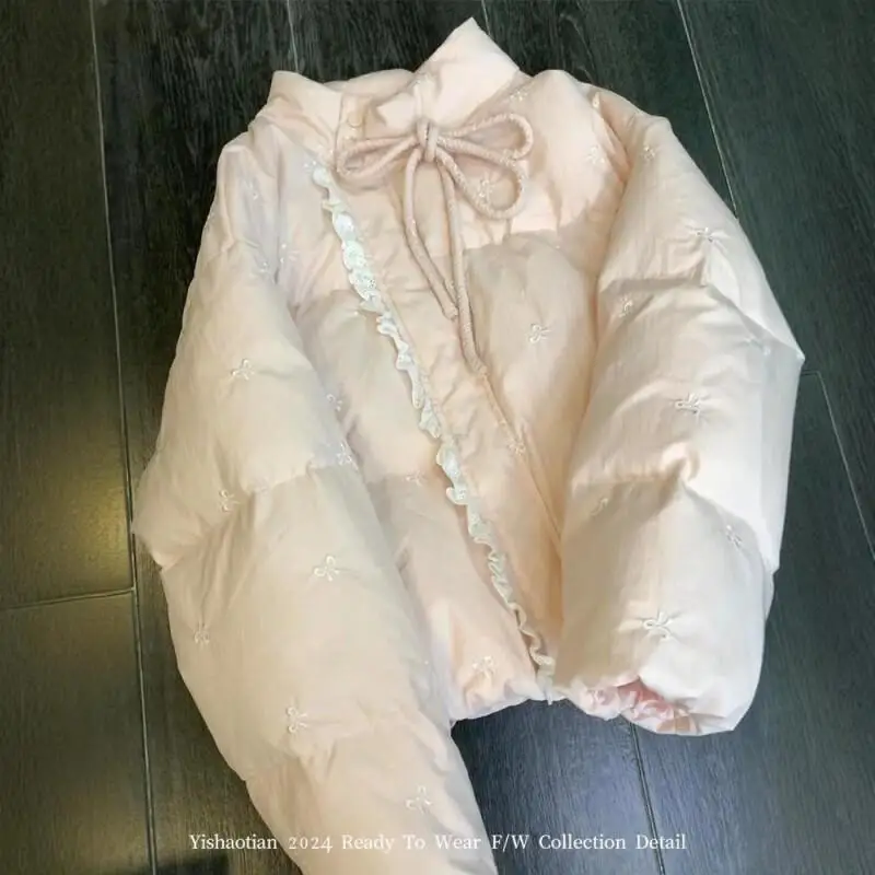 

Kawaii Girls Embroidery Bow Lace Patchwork Cotton Coat Winter Women New Cotton-Padded Jacket Thickened Warm Shorts Outer Wear