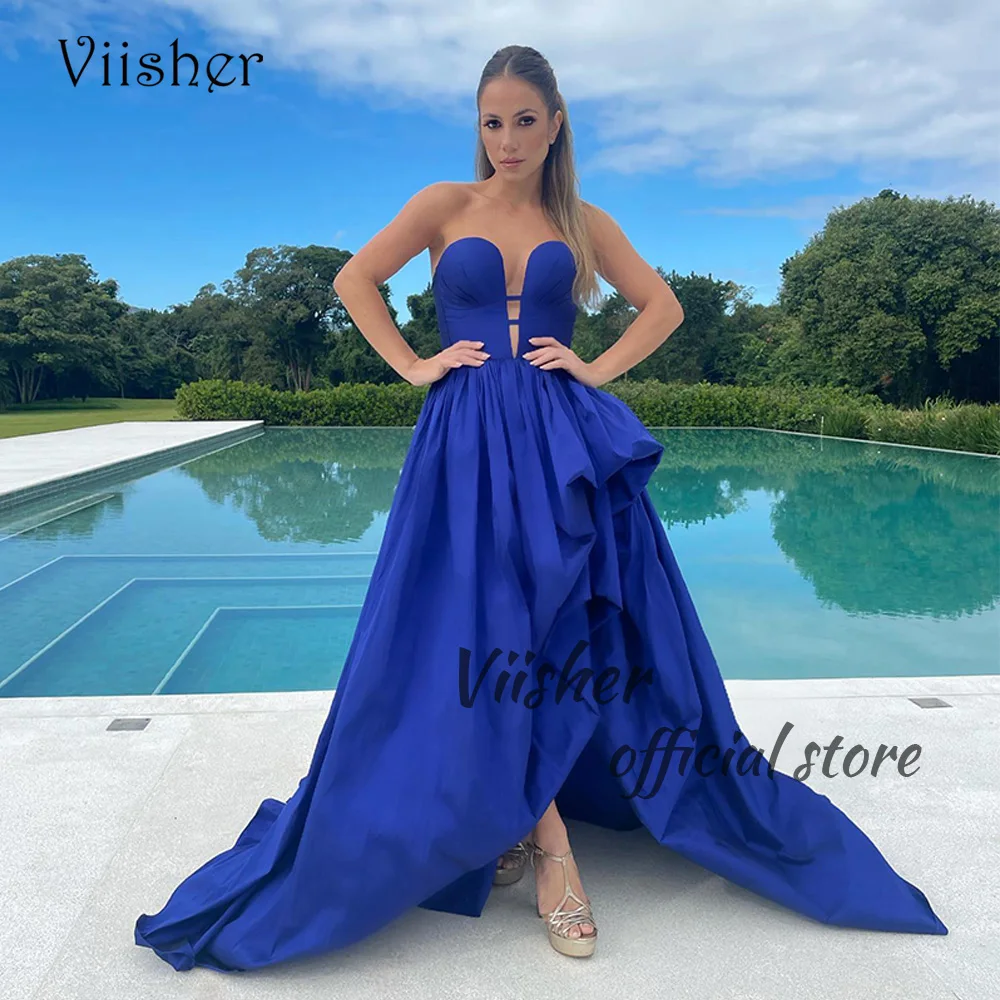 

Viisher Blue High Low Prom Dresses Draped Satin Sweetheart Evening Party Dress Customized Women Celebrate Event Dress