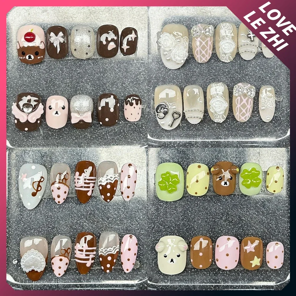 

Spice Girl Handmade Square Almond French Press On Nails Musical Notes Bowknot Flowers Stars Wings Diamond Wearable Fake Nails