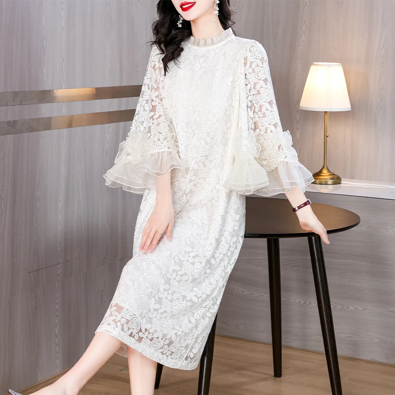 

2024 Spring/Summer New Round Neck Silk Embroidered Diamond Dress with Beaded Horn Sleeves Loose Size Slim Knee Length Dress