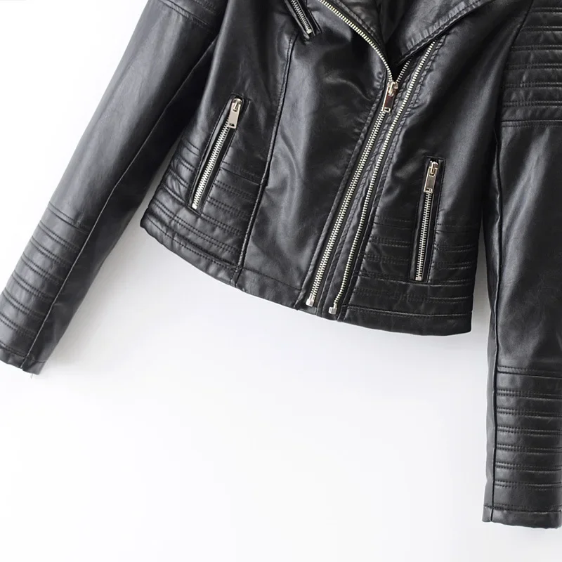 Jackets Women Elegant Turn Down Collar Faux Leather Coats Streetwear Zipper Splice Pockets Jacket Slim Fit High Street