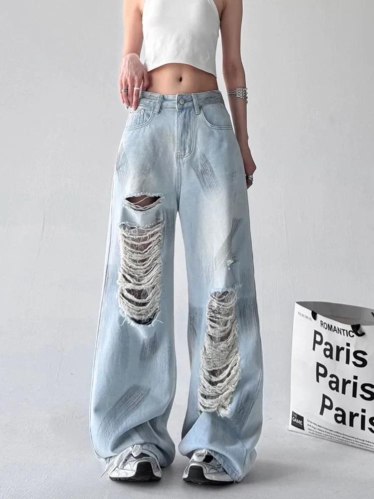 

Casual Street Fashion Women Jeans Basics Ins Loose Ripped Woman Jeans Slim American High Waist Straight Leg Pants Female Chic