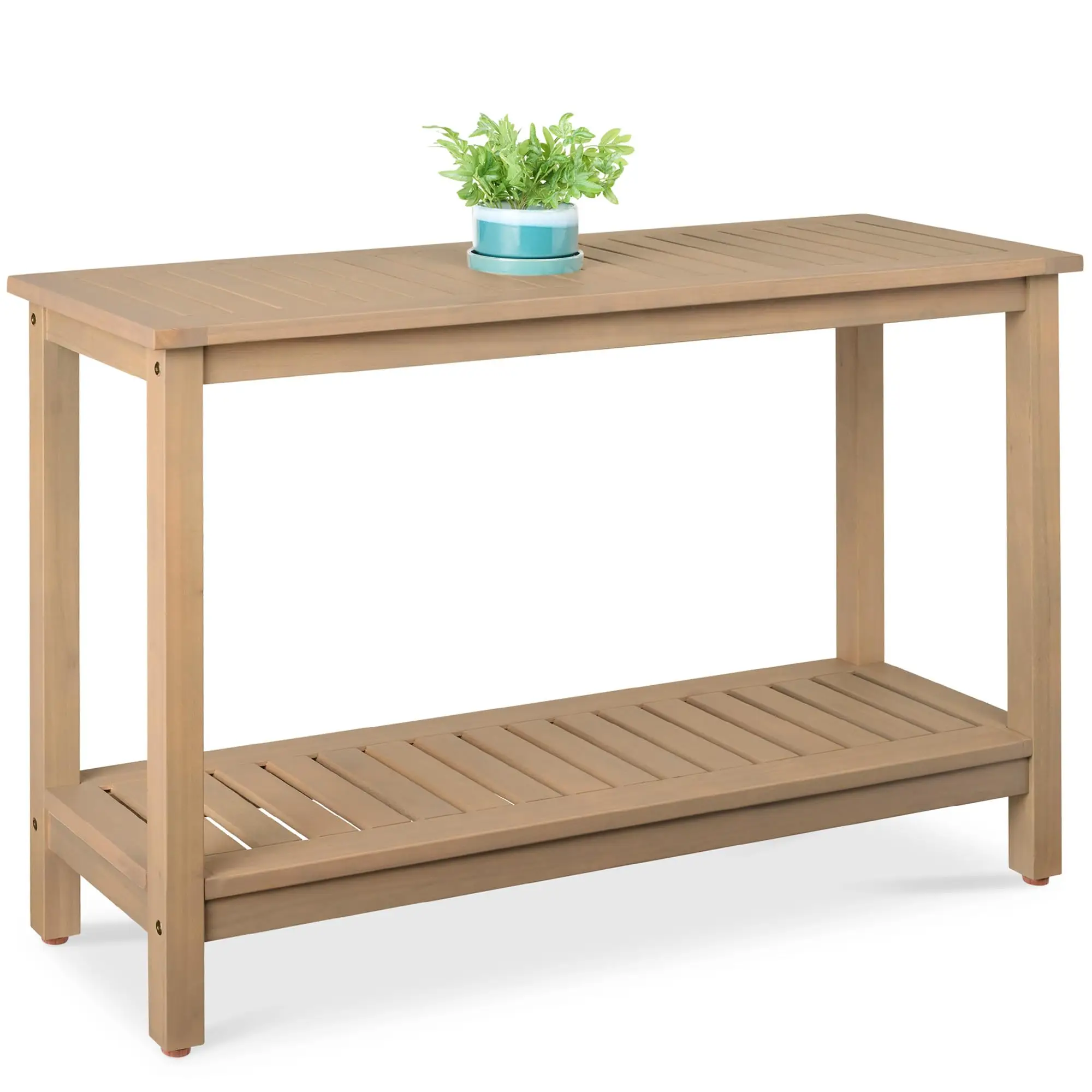 48in 2-Shelf Eucalyptus Wooden ole Table Indoor Outdoor Multifunctional Buffet Bar Storage Organizer w/Foot Sliders
