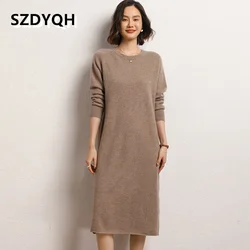 High-end New 100% Cashmere Sweater Long Dress Women Fashion Knitted Dresses Female Loose Large Size O-Neck Pullover 3Colors