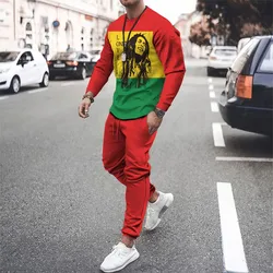 Bob marley streetwear manga longa conjunto de roupas esportivas moda rock men t shirt + calças casuais duas peças fitness correndo fatos de treino