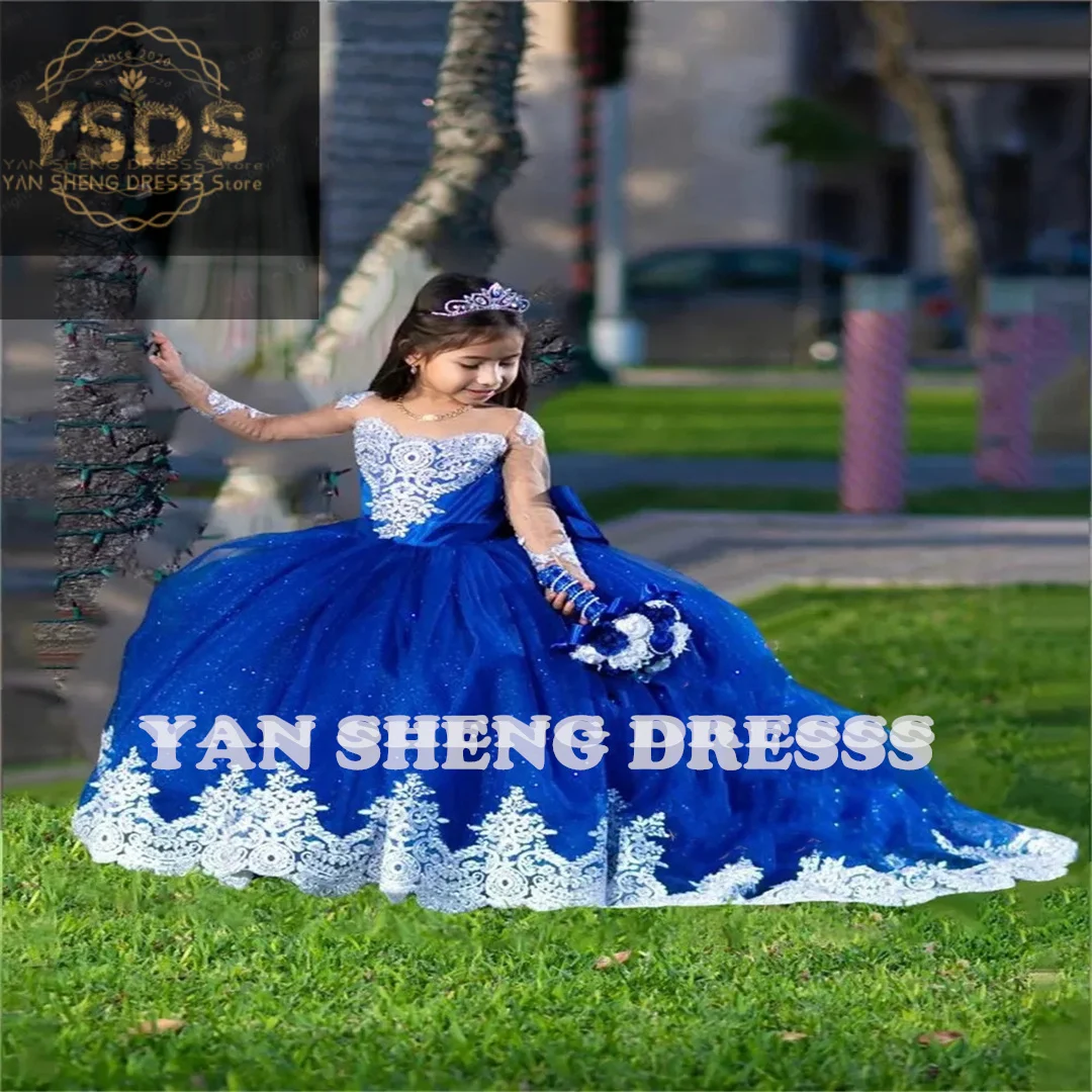 

Royal Blue White Lace Appliqué Flower Girl Dresses Scoop Neck Full Sleeves Princess Pageant Dress Kids Long Party Communio Gown