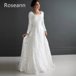 Robes de mariée A-ligne personnalisées avec appliques à boutons, robe de mariée entièrement en dentelle, longueur au sol, col rond, musulman, haute qualité