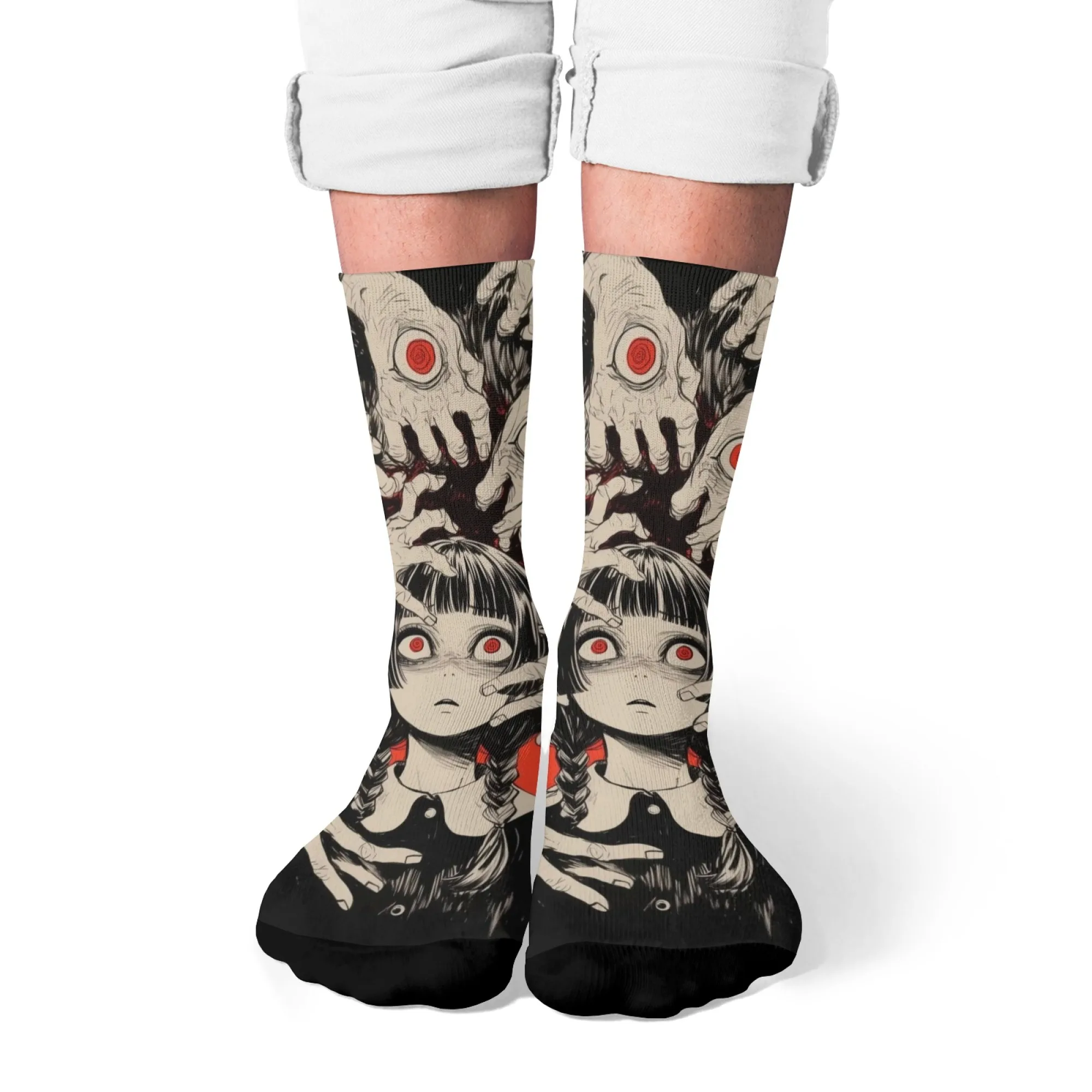 

Creepy Girl & Hands Print Horror Gothic Crew Socks ，Unisex Novelty Design Gothic Street Style Skate Party Comfotable Socks