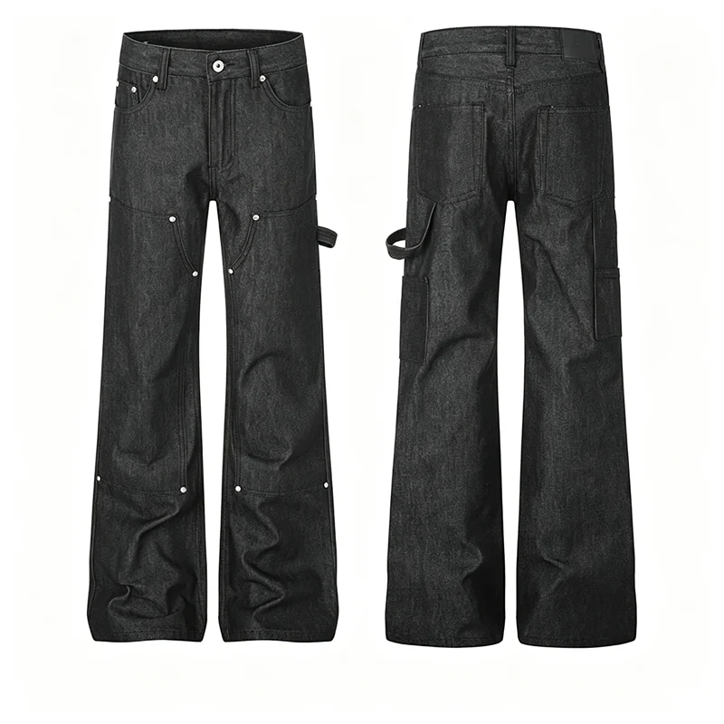 Men American High Street Vintage Carpenter Jeans Raw Denim A‑Line Flared Pants Rivet Loose Wide Leg Streetwear Long Trousers