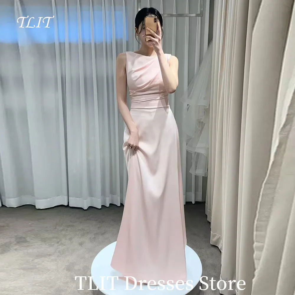 

TLIT Simple Pink Mermaid Evening Dresses O-Neck Sleeveless Satin vestidos de noche Customized Floor-Length Prom Gowns
