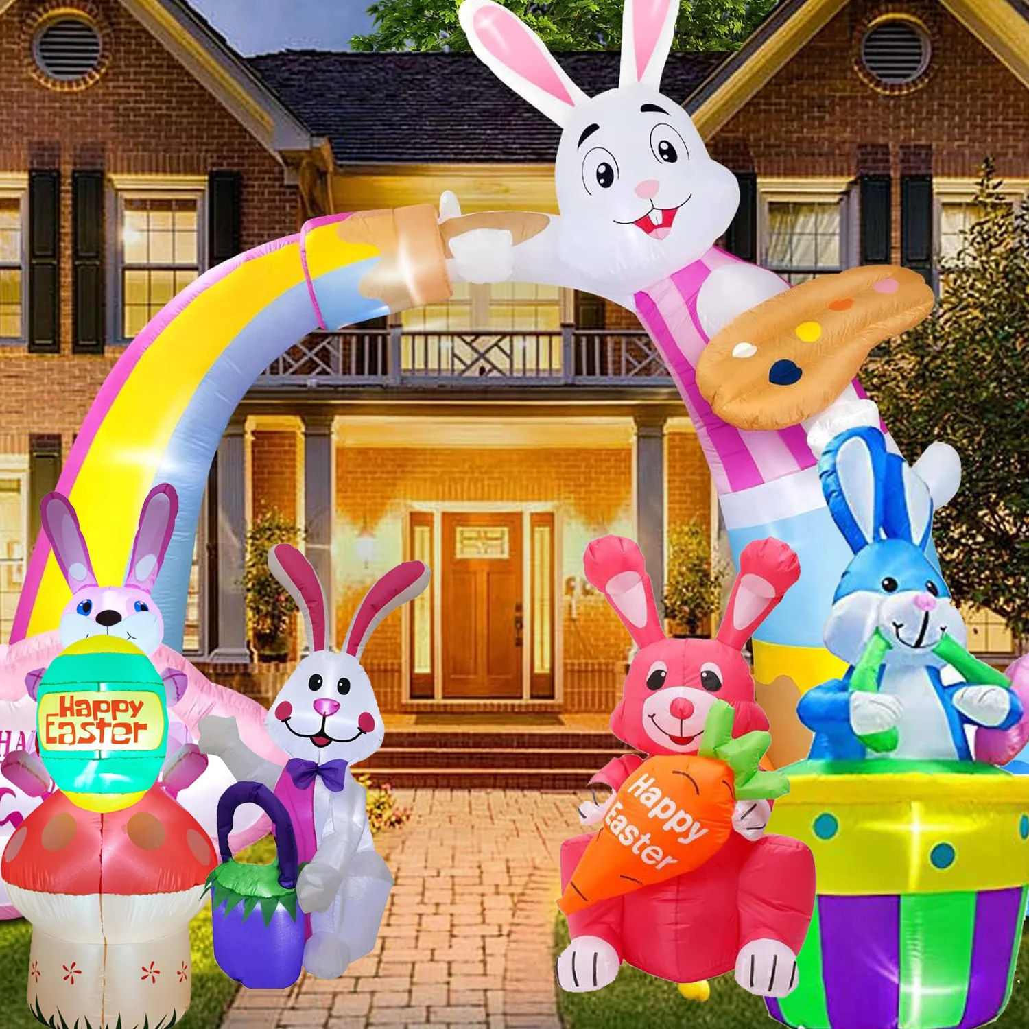 Giant Easter Inflatables Outdoor Decoration Inflatable Easter Bunny Colorful Eggs Archway for Holiday Party Toys with LED Lights