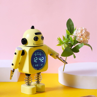 Modern Cute Metal Robot Digital Alarm Clock Silent LED Temperature Display Night Light Desk Timepiece for Kids Bedroom Bedside