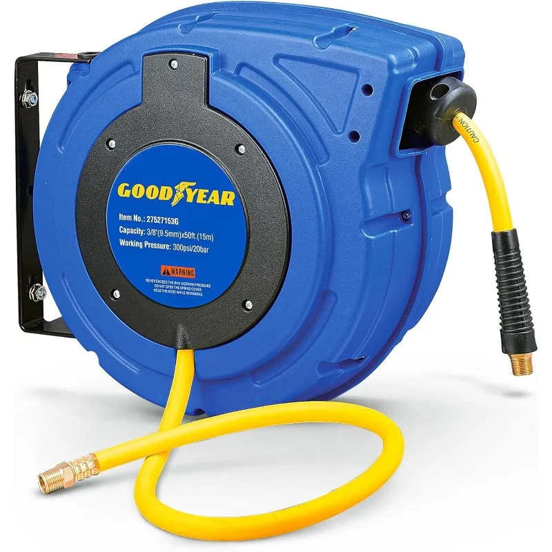 Goodyear Air Hose Reel Retractable 3/8" Inch x 50' Foot Hybrid Polymer Hose Max 300PSI Commerical Polypropylene Construction