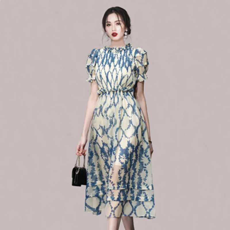 

2024 Summer New Women's Temperament Ink Painting Printing Dress Chinese Style Slim Lantern Sleeves Chiffon Mid-Length Dresses