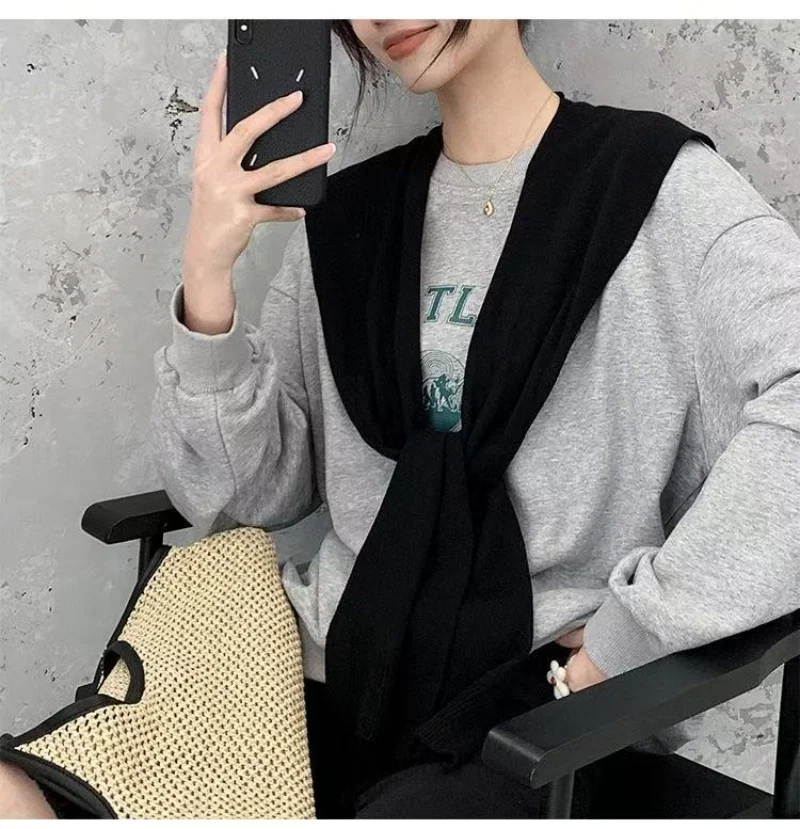 Korean Knitted Shawl Summer Air Conditioning Fake Collar Neck Guard Knit Thin Knotted Cape Shoulder Scarf For Women view 5