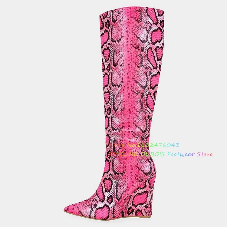 Snake Embossed Wedge Heel Knee-High Boots Pink & Black Pointed-Toe High Heel Trendy Women Sexy Slip On Winter Booties