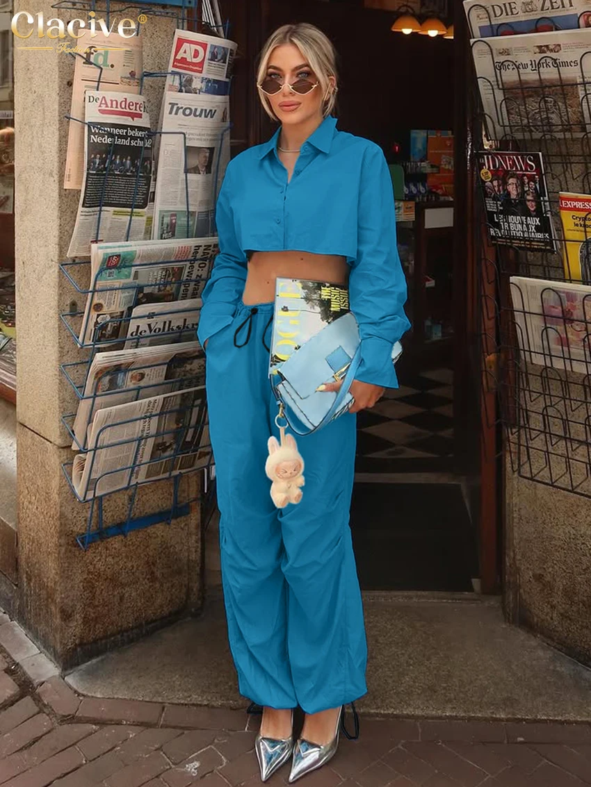 

Clacive Fashion Loose Blue Cotton 2 Pieces Set Woman 2026 Spring Long Sleeve Crop Shirt With High Waist Wide Pants Set Female