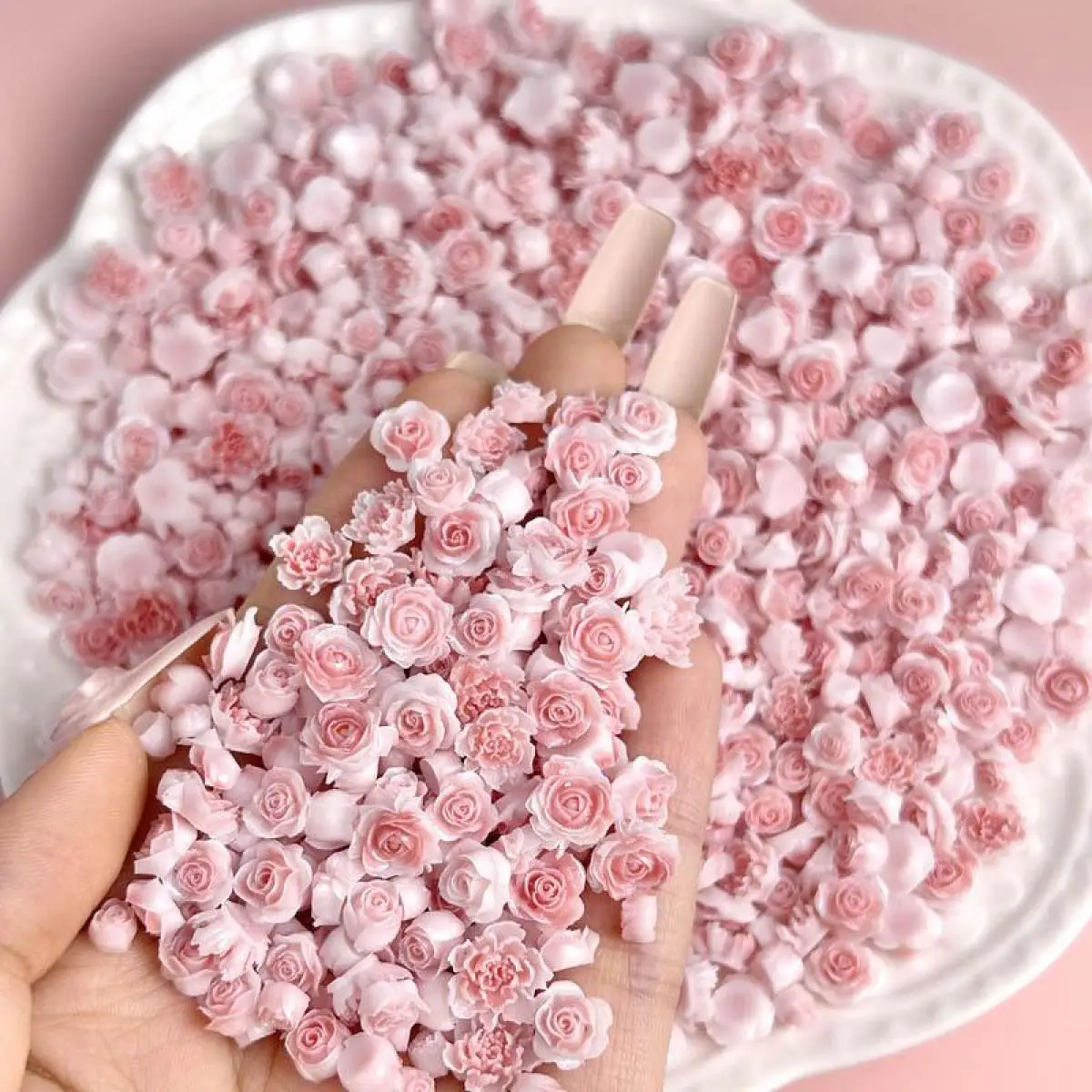 Mezcla de resina 3D con forma de flor luminosa para uñas, abalorios para uñas a granel, rosa claro dulce, decoración artística de uñas, pegamento en crema, accesorios DIY