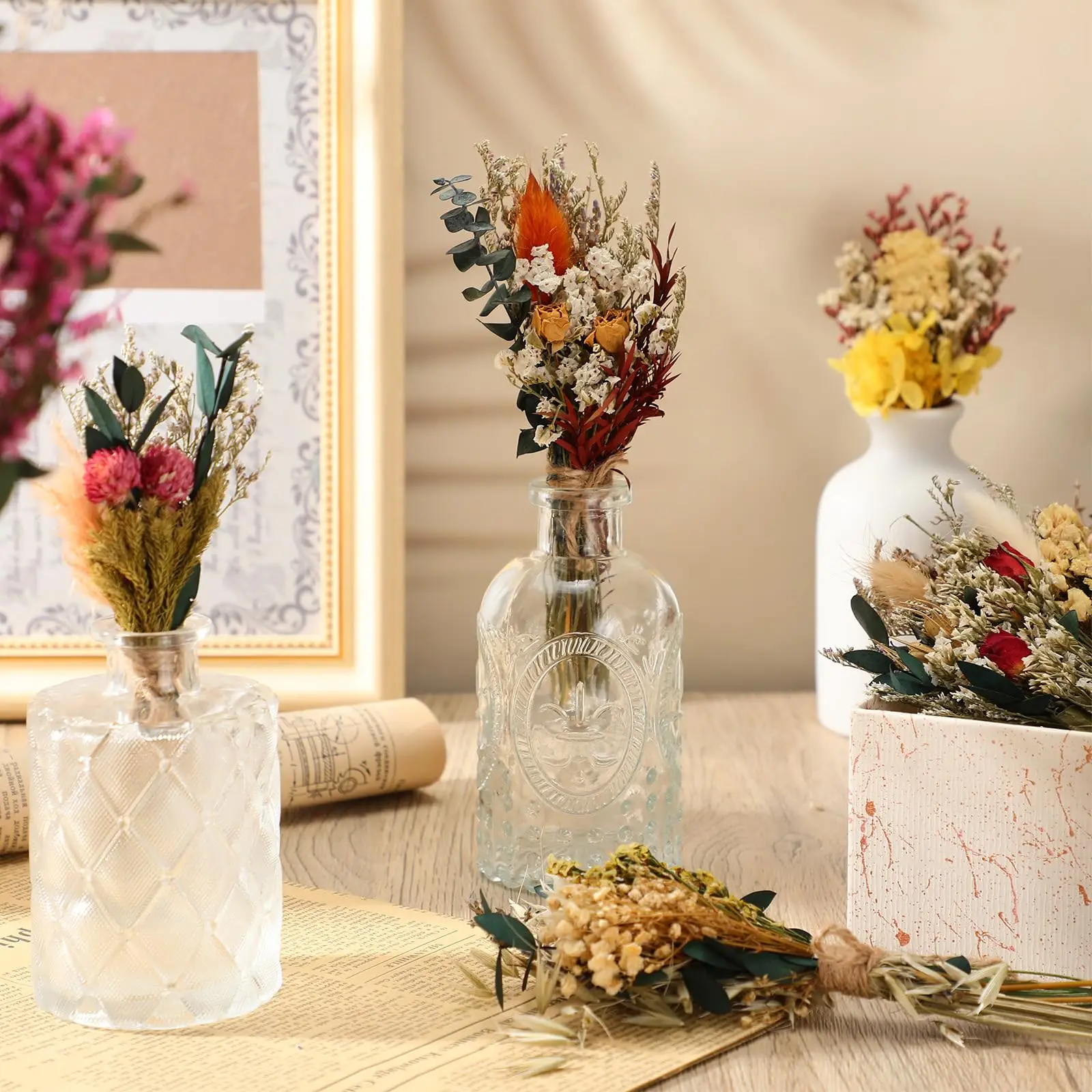 12 Pcs Boho Dried Flower Bouquet Mini Wedding Dry Flowers Decor,Boutonniere for Men,Bridesmaid Child Gift Birthday Decoration