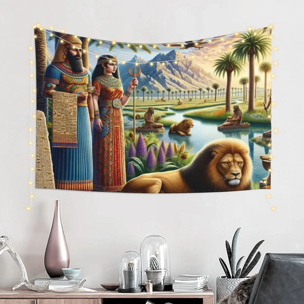 Lion of Babylon, cuneiform tablets, Mesopotamia Tapestry Carpet Wall Room Decor Korean Style Bedroom Decor Aesthetic Tapestry