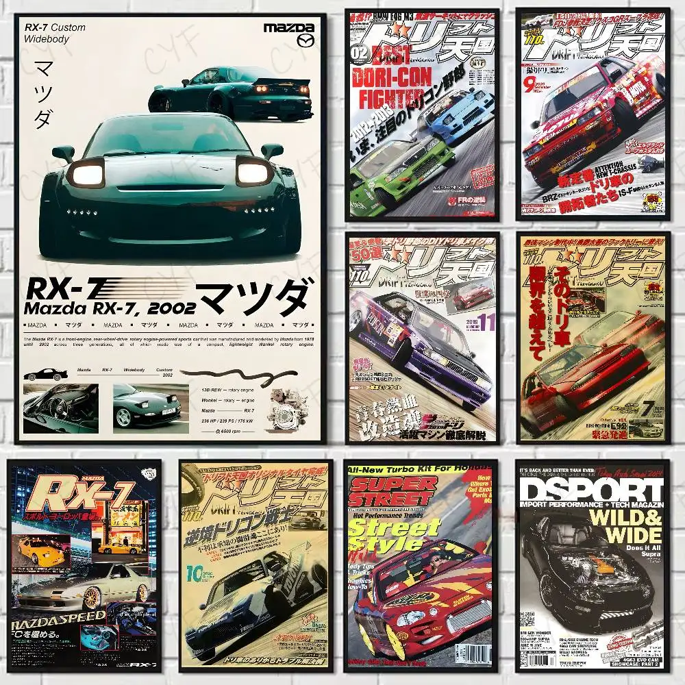 Póster Vintage japonés de coches de carreras, revista, arte HD, pared adhesiva, impermeable, hogar, sala de estar, dormitorio, Bar, decoración estética