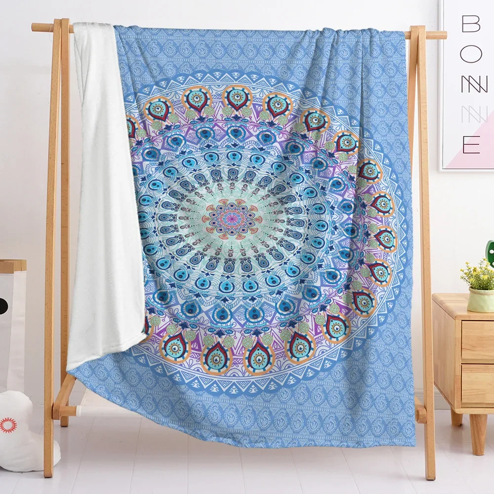 Mandala Flannel Throw Blanket Boho Style Peacock Feather for Bed Couch Sofa Blanket Super Soft Lightweight King Queen Full Size