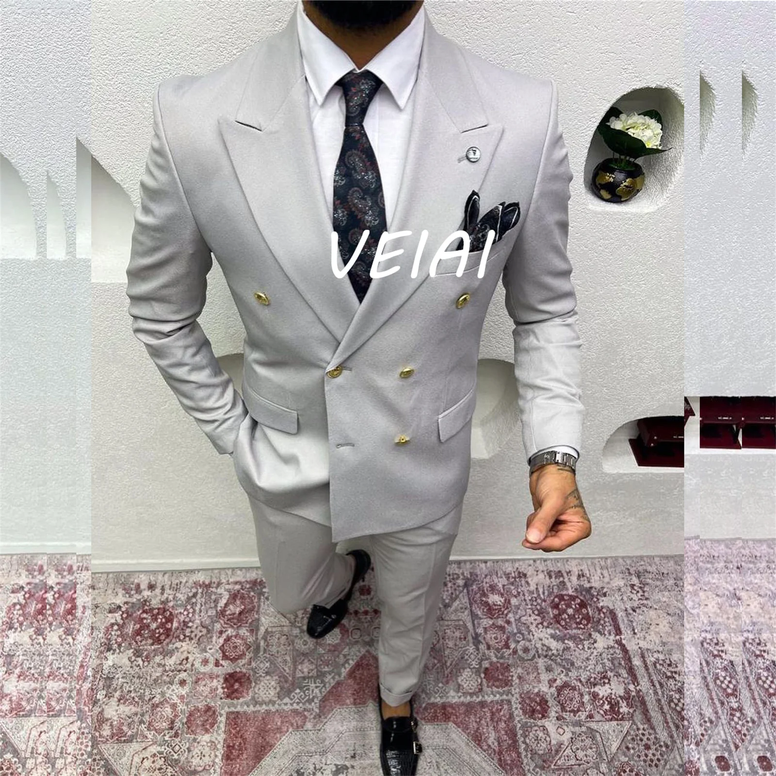 

Blue Men Suits Trajes Elegante Para Hombres Blazer Masculino Double Breasted Peaked Lapel Terno Jacket Pants Two Piece Elegant