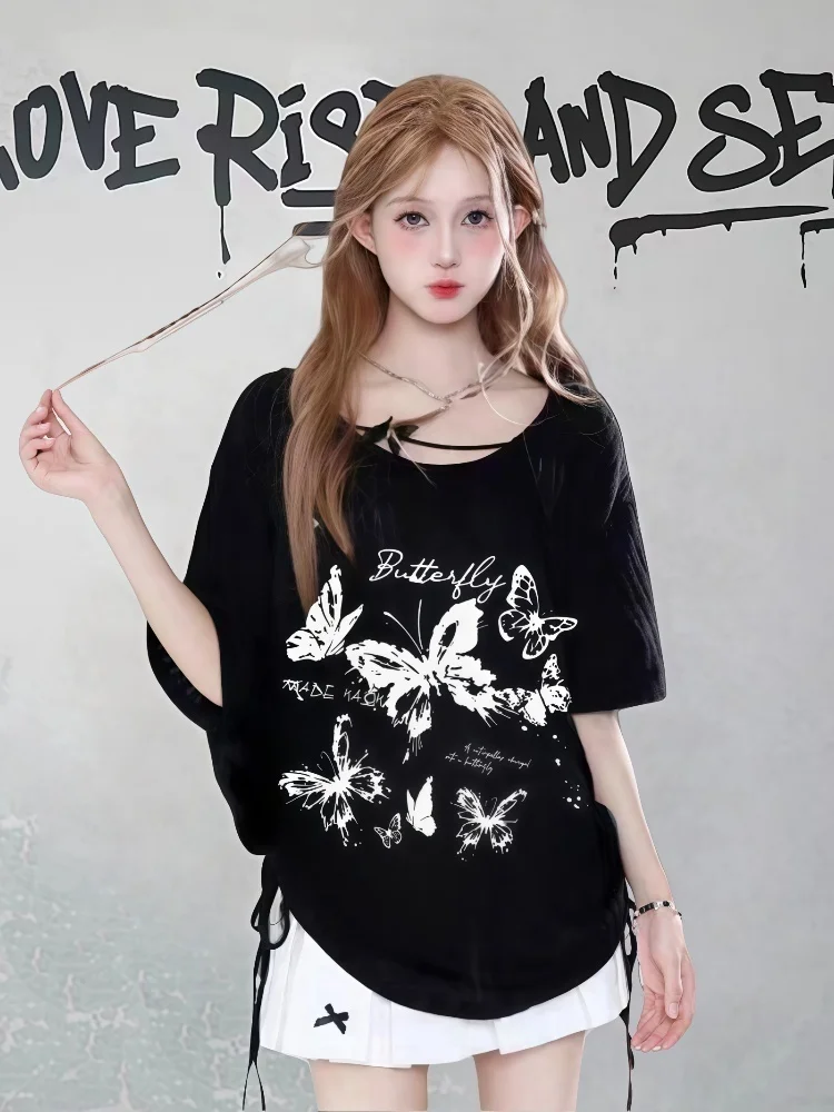 

Women Cute Graphics Print Butterfly Tee Goth Casual Short Sleeve Y2k T Shirt Aesthetic Punk Streetwear Slim Crop Top Clothes