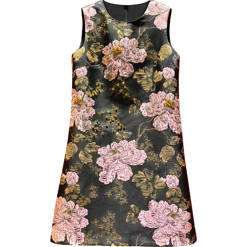 

Luxury Beading Jacquard Women Vest Dress New Spring Summer All-match Sleeveless A-line Dress Elegant Lady Evening Party Dress