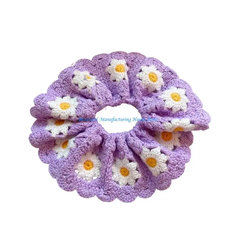 E56A Knitted Hair Scrunchy Flower Hairpieces Elegant Bun Rubber Bands Headdress