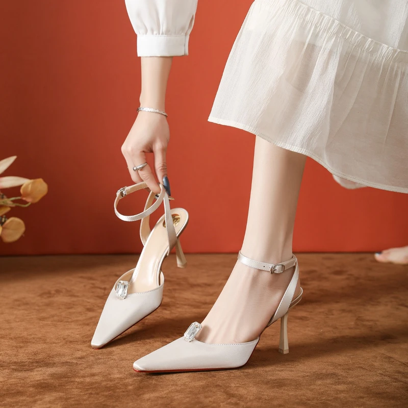 

Spring New Women High Heels Rhinestone French Open Toe Stiletto Sandals Comfortable One Strap Pointed Shoes