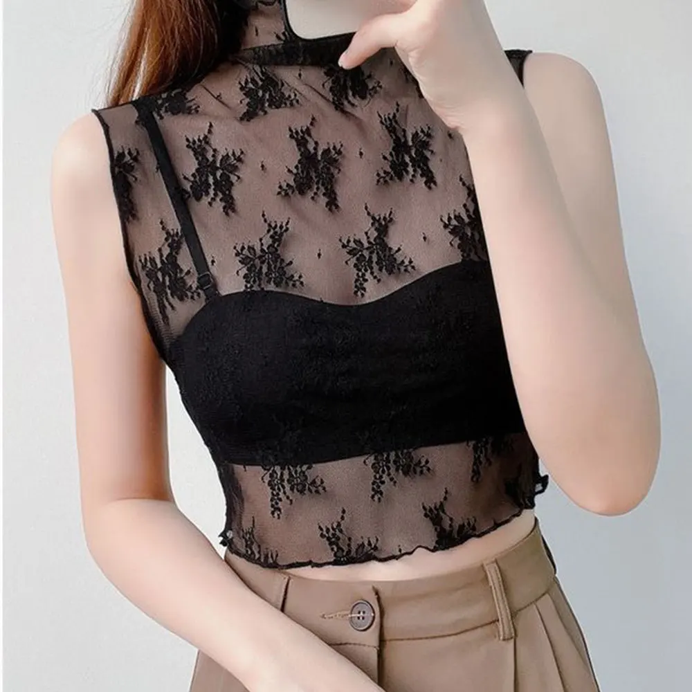 

Женская белая/черная кружевная блузка с цветочным узором, элегантный тонкий топ из сетки с имитацией воротника, модная однотонная базовая блузка с полувысоким воротником
