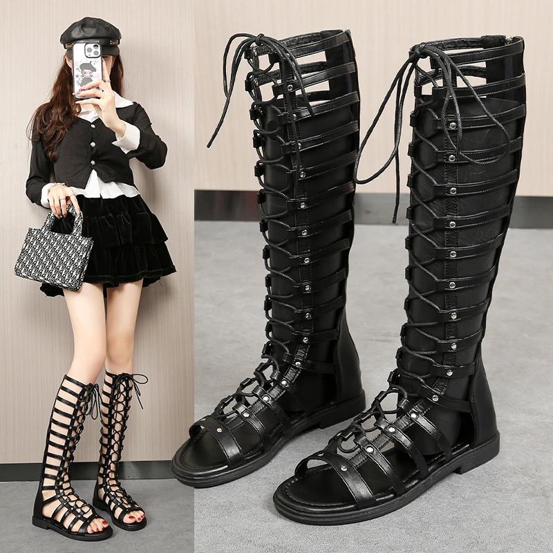 

Women Cutout Lace Up Knee High Gladiator Sandals Open Toe Flat Roman Boots Punk Daily Street Walking Outdoor Ladies Footwear