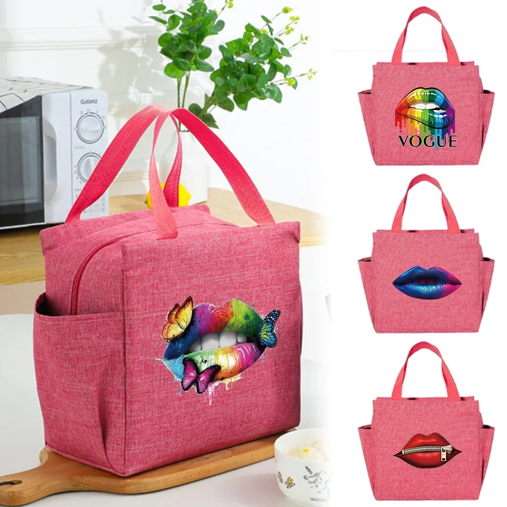 Insulated Lunch Bag Aesthetics Food Storage Bags for Girl Teenage Pink Cute Lunch Box Design Mouth Series Printing Aluminum Foil