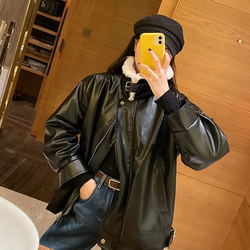PU Leder Motorrad Kleidung frauen Lose Koreanische Zipper Winter Mantel Lamm Kaschmir Baumwolle Jacke Kurze Jacke Baumwolle Jacke