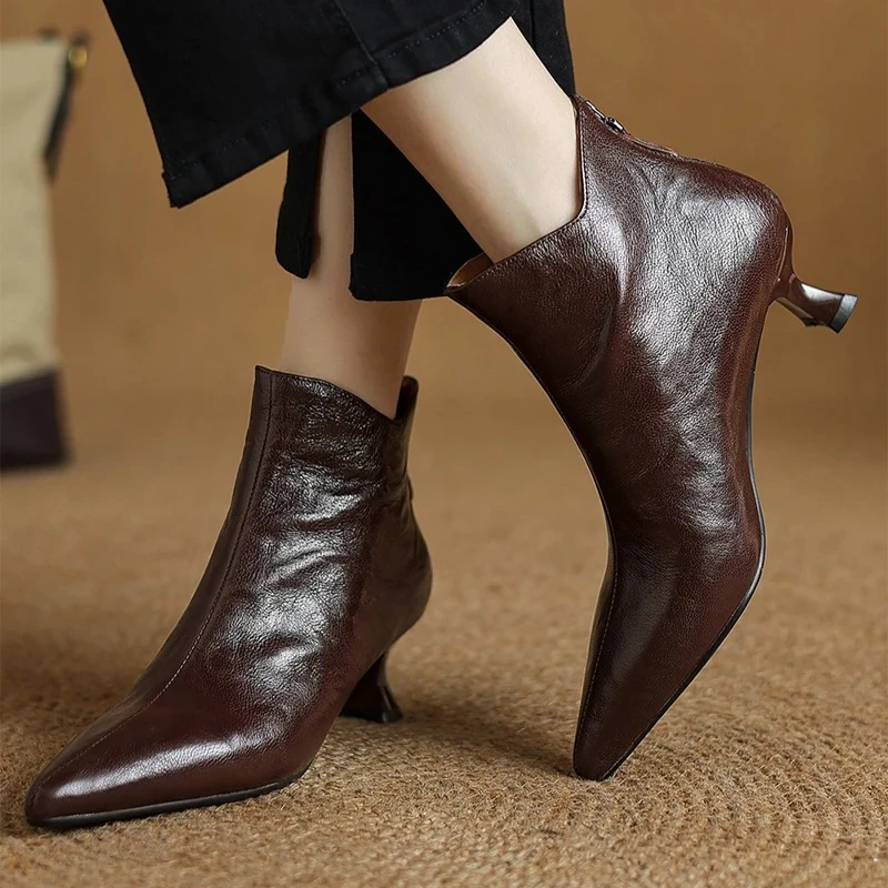 

Women Leather Boot Classic French Style Ankle Boots Exquisite Pointed Tip High Heeled Boots for Woman Designer Shoes Botas Mujer