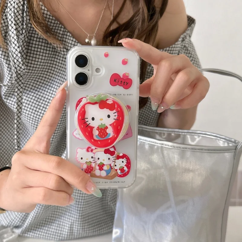 

Sweet strawberry Cute Hello Kitty Bow KT Magsafe Wireless Charge Phone Case For iPhone 13 14 15 16 Pro Max Kitty Magnetic Holder