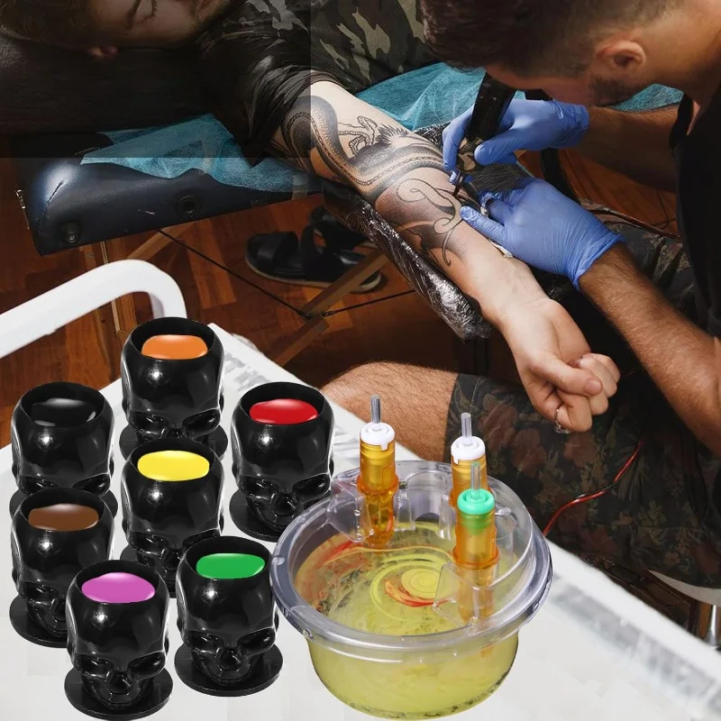 

20PCS Disposable Tattoo Hive Cups Cartridge Holder Needle Placement Rack with 20 Skull Tattoo Ink Cups Transparent Set