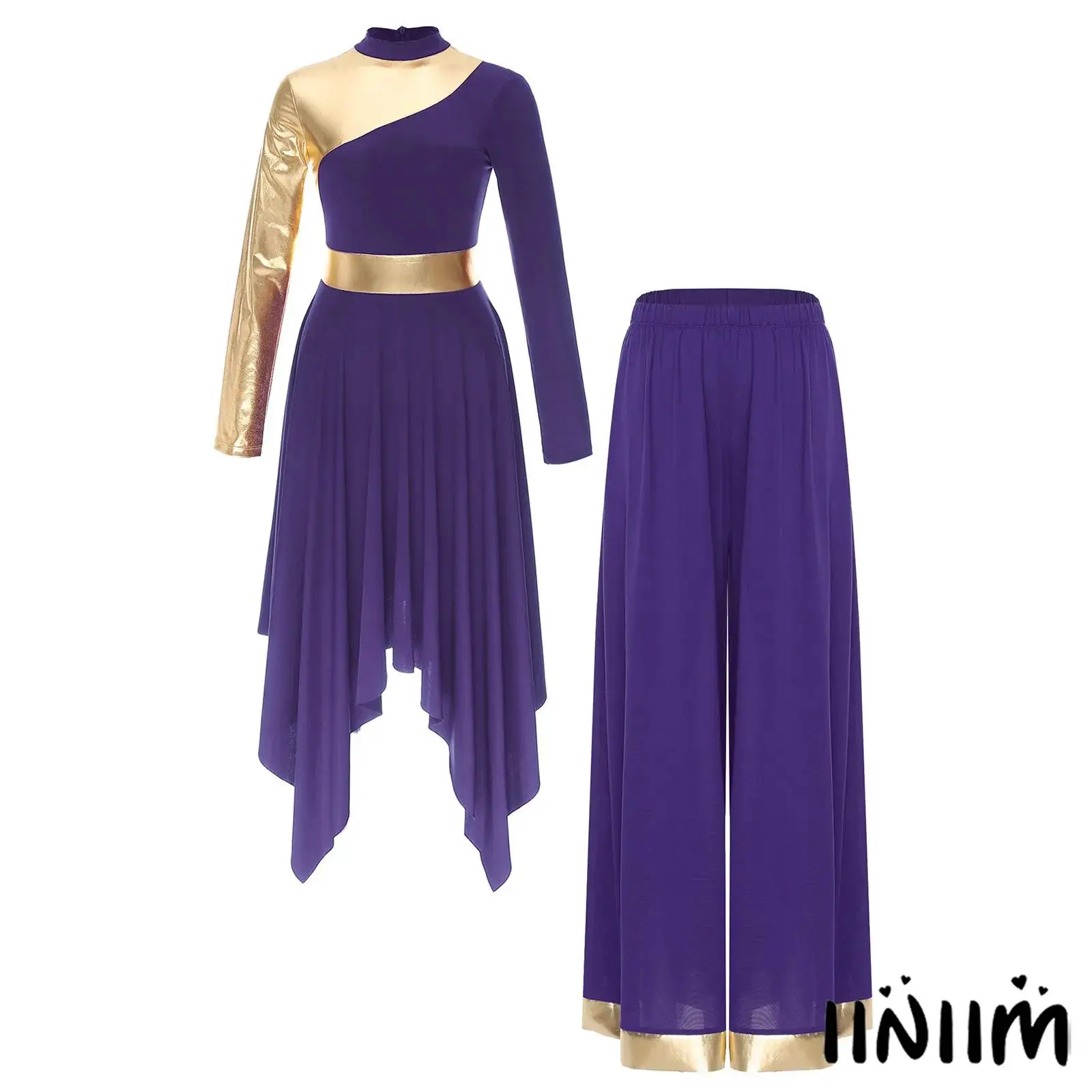 

Women's Long-Sleeve Asymmetrical Dance Dress with Wide-Leg Pants Set for Praise Worship Praise Performances Casual Outings