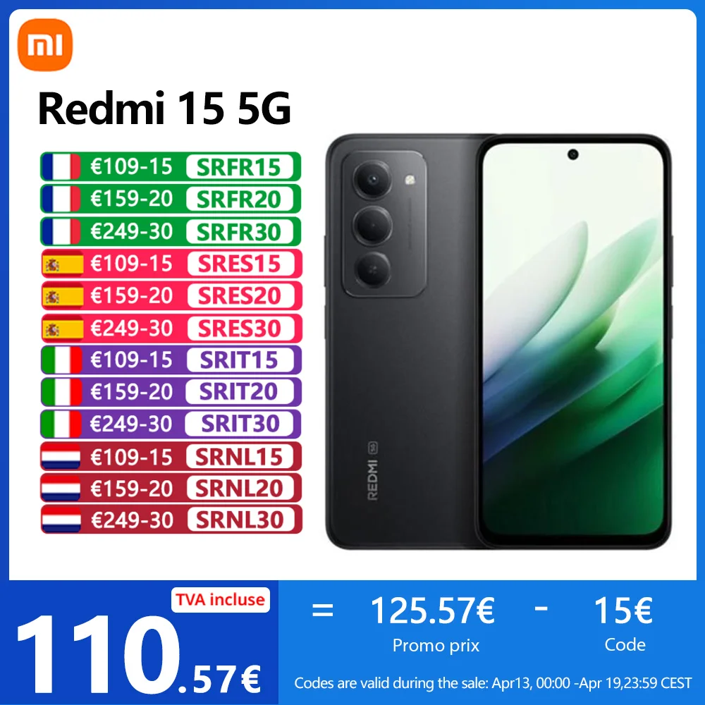 Xiaomi Redmi 15 5G, NFC, Snapdragon® 6s Gen 3, DotDisplay 6.9" FHD, 144 Hz, cámara de 50 MP, batería de 7000 mAh, IP64