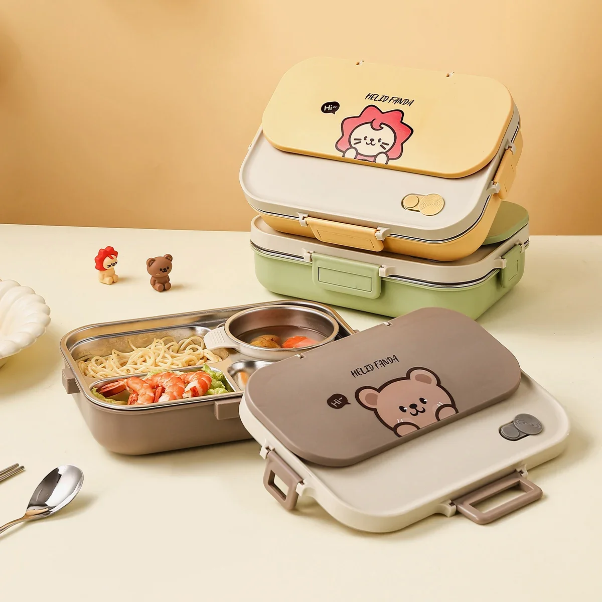 

WORTHBUY 1500ml Cartoon 304 Stainless Steel Bento Lunch Box For Kids With Tableware 4 Grids Leak-proof Lunch Food Container