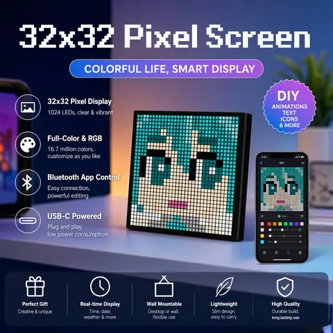 LED Pixel Display 32x32 RGB LED Matrix Panel Programmable Pixel DIY Art Display Gaming Anime Room Decor Frame APP Control ﻿